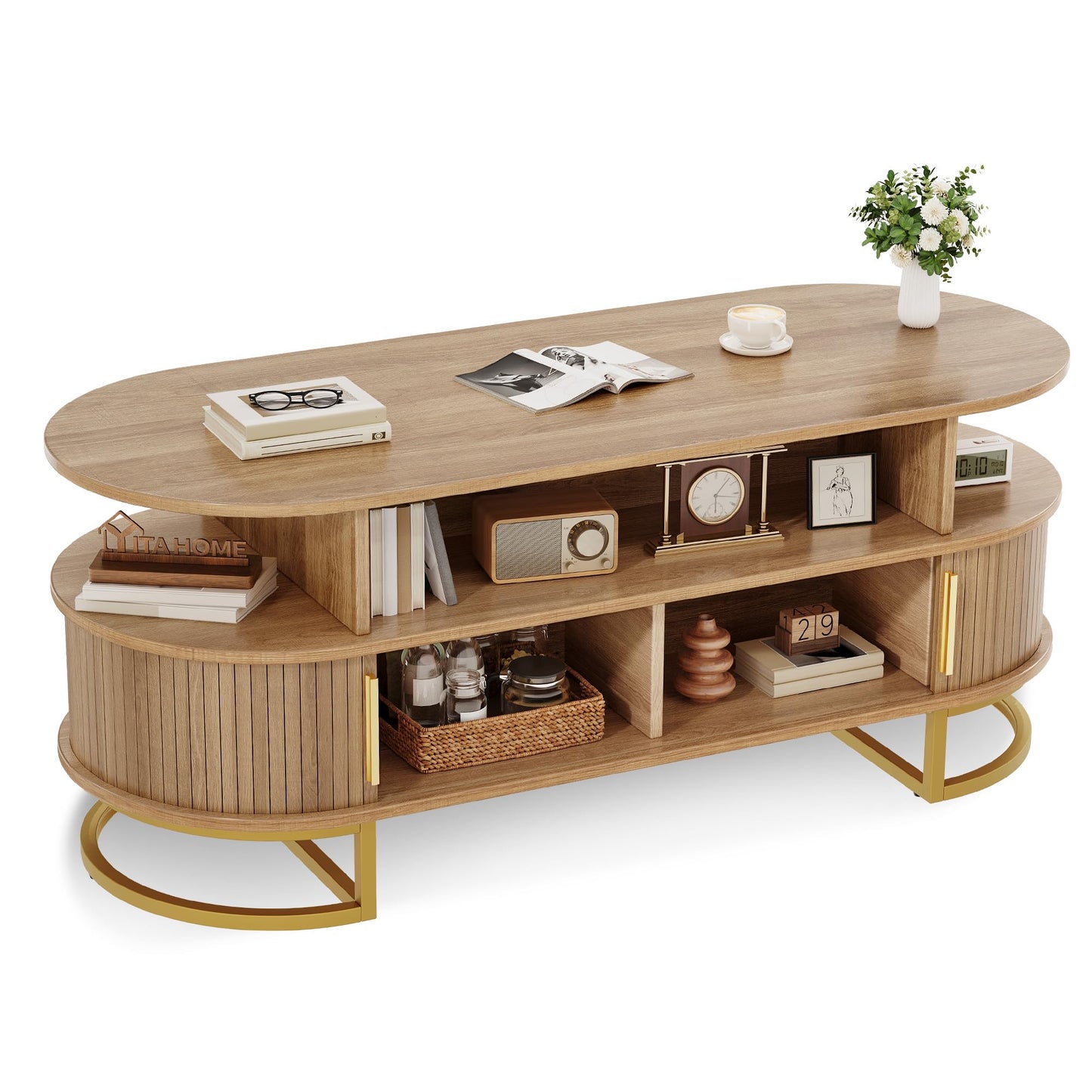 YITAHOME Coffee Table, Coffee Tables for Living Room with Sliding Doors & Large Storage, Modern Wooden Coffee Table with Gold Handles, Metal Base for Living Room, Natural Oak