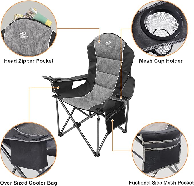 LANMOUNTAIN Camping Chairs for Adults,High Back Folding Camp Chair with Cup Holder and Cooler Bag,Heavy Duty Outdoor Lawn Chairs,Perfect for Camping,Hiking,Picnics,and Beach Trips,Black…
