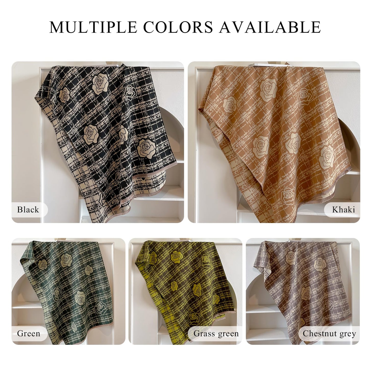 LumiSyne Winter Scarf Women Pashmina Shawls And Wraps Romantic Checked Camellia Pattern Reversible Cashmere Scarf With Tassel