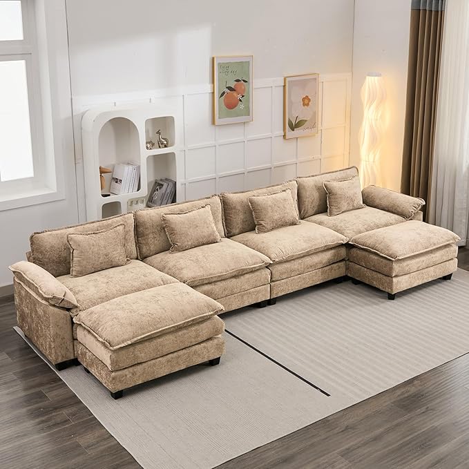 Oprisen 154" Modular Sectional Sofa, Comfy Cloud Couch Sectional Sofa with Ottoman, Chenille Sofa Sleeper Deep Seat Sofa with Throw Pillows for Living Room (Khaki, 154"- U Shape)