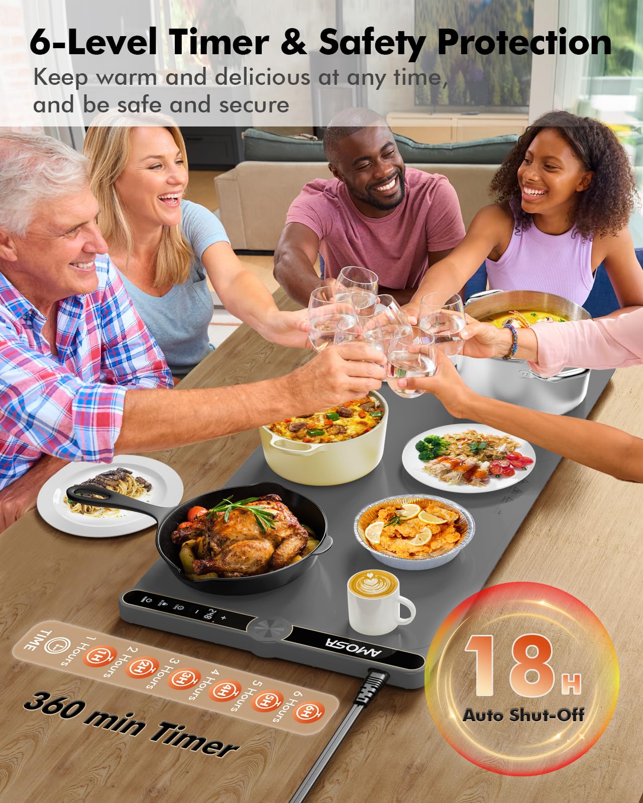 Warming Mat for Food, Fast Heating Electric Food Warmer with 9 Level Temperature and 6 Hours Timer, Extra Large Roll Up Silicone Food Warming Mat, Portable Warming Trays for Buffets Party (Grey)
