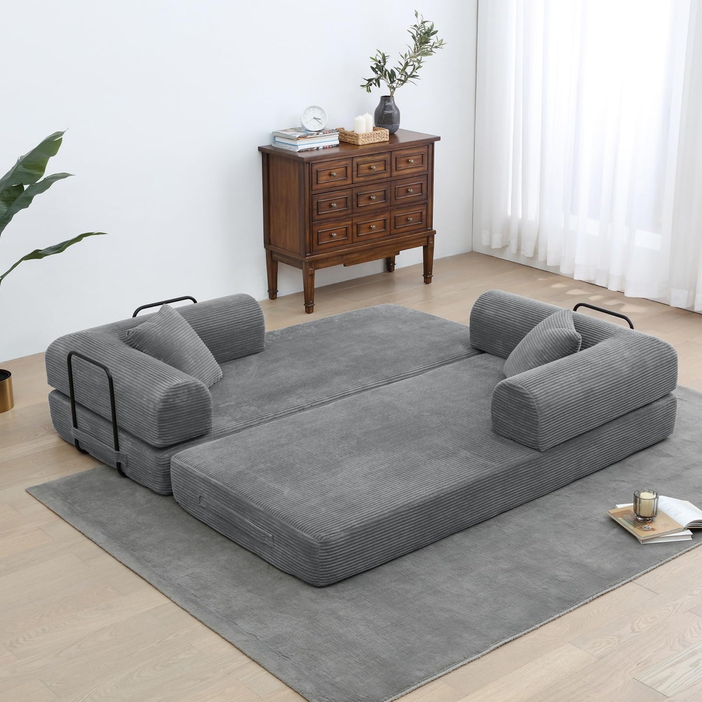 ZEIINPA Comfy Convertible Folding Mattress Couch, Floor Sofa Bed with Fixed-Shape Frame, Corduroy Floor Sofa with Armrest, Floor Sofa Lounge Couch for Living Room Bedroom Lounge Studio,Grey