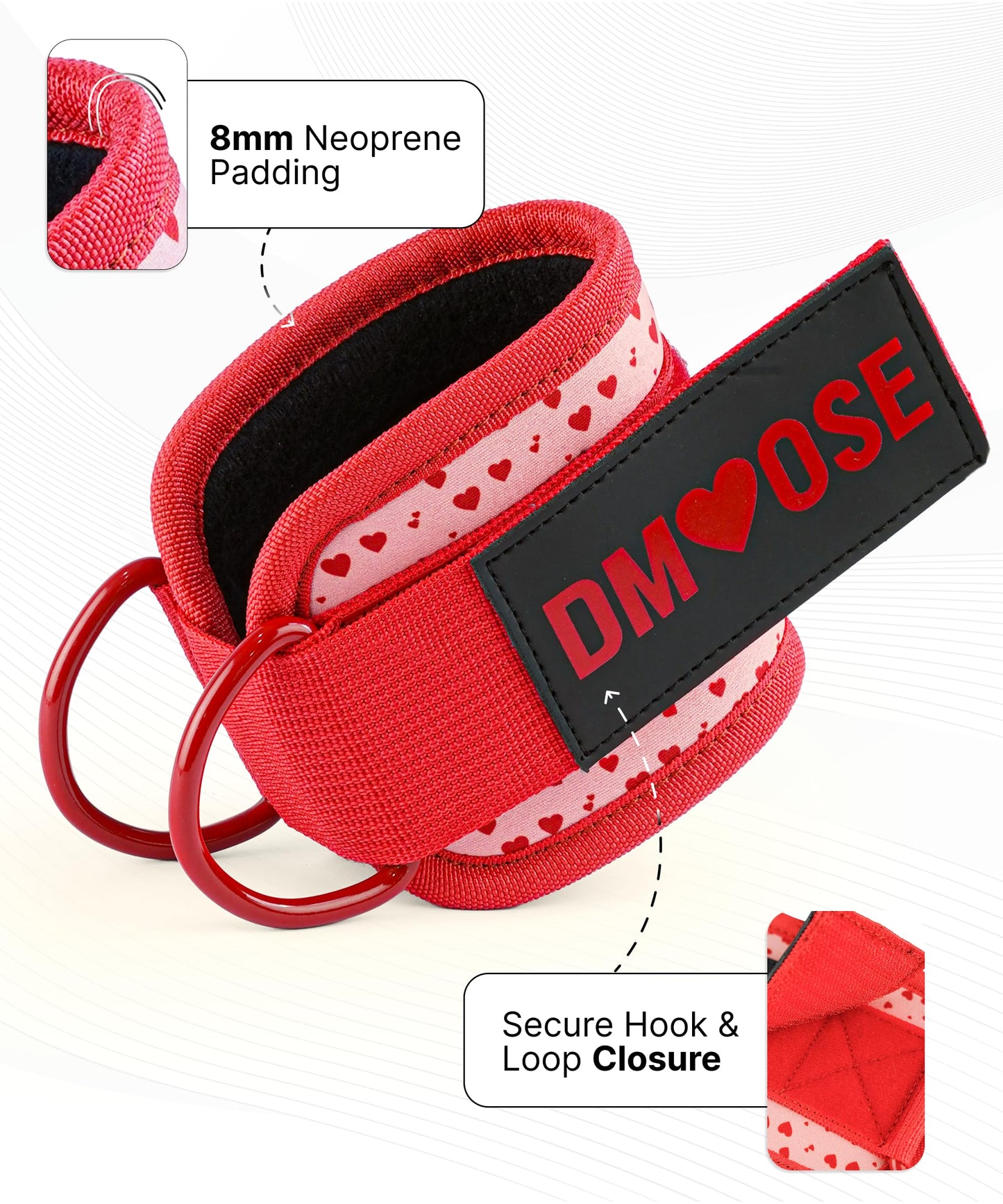 DMoose Fitness Ankle Straps for Cable Machines - One Size Fit with Premium Padding, Glute Kickback Ankle Strap for Women - Cable Attachments for Gym Workouts & Hip Abductors (Hearts - Pair)