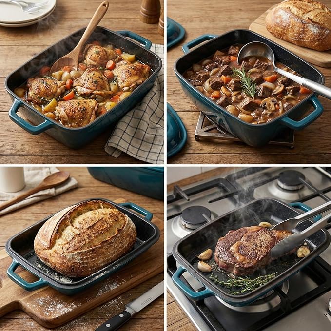 Cast Iron Dutch Oven for Bread Baking 12x8 Inch Enameled Bread Oven with Lid 6QT Cast Iron Bread Dutch Oven for Sourdough，DarkCyan