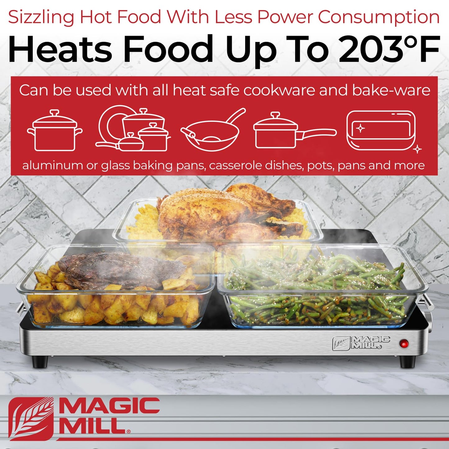 Magic Mill Premium-Grade Glass Food Warmer for Parties Buffet, XL Stainless Steel Modern Electric Warming Tray, Adjustable Temperature Control, Advanced Precision-Engineered Heating System Size-21x16