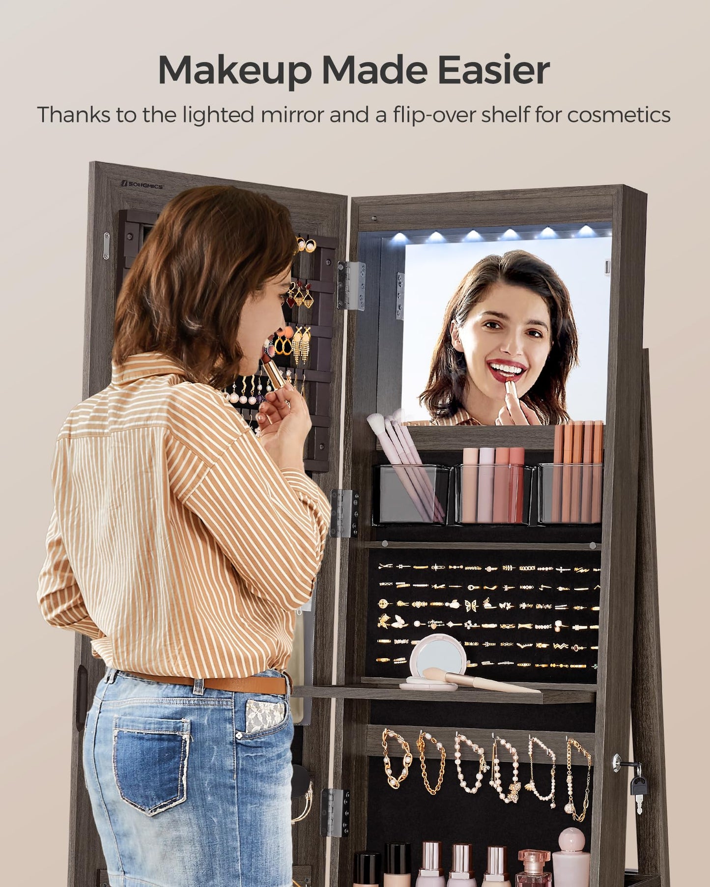 SONGMICS LED Jewelry Cabinet Standing, Lockable Armoire With Full-Length Mirror and Adjustable Lights, Space-Saving Organizer, Gift Idea, Ash Brown UJJC008K02