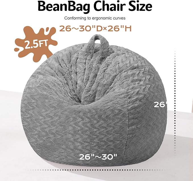 2FT Bean Bag Chair,Giant Bean Bag Chairs for Adults,Big Bean Bags with Memory Foam Filled, Large Beanbag Chairs with Chevron Plush Cover-Grey