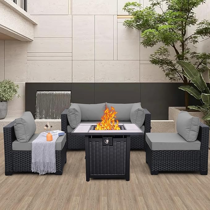 WAROOM Outdoor Patio PE Wicker 5 Piece Furniture Set, Black Rattan Sectional Conversation Sofa Chair with Square Propane Fire Pit Table, Grey Cushion