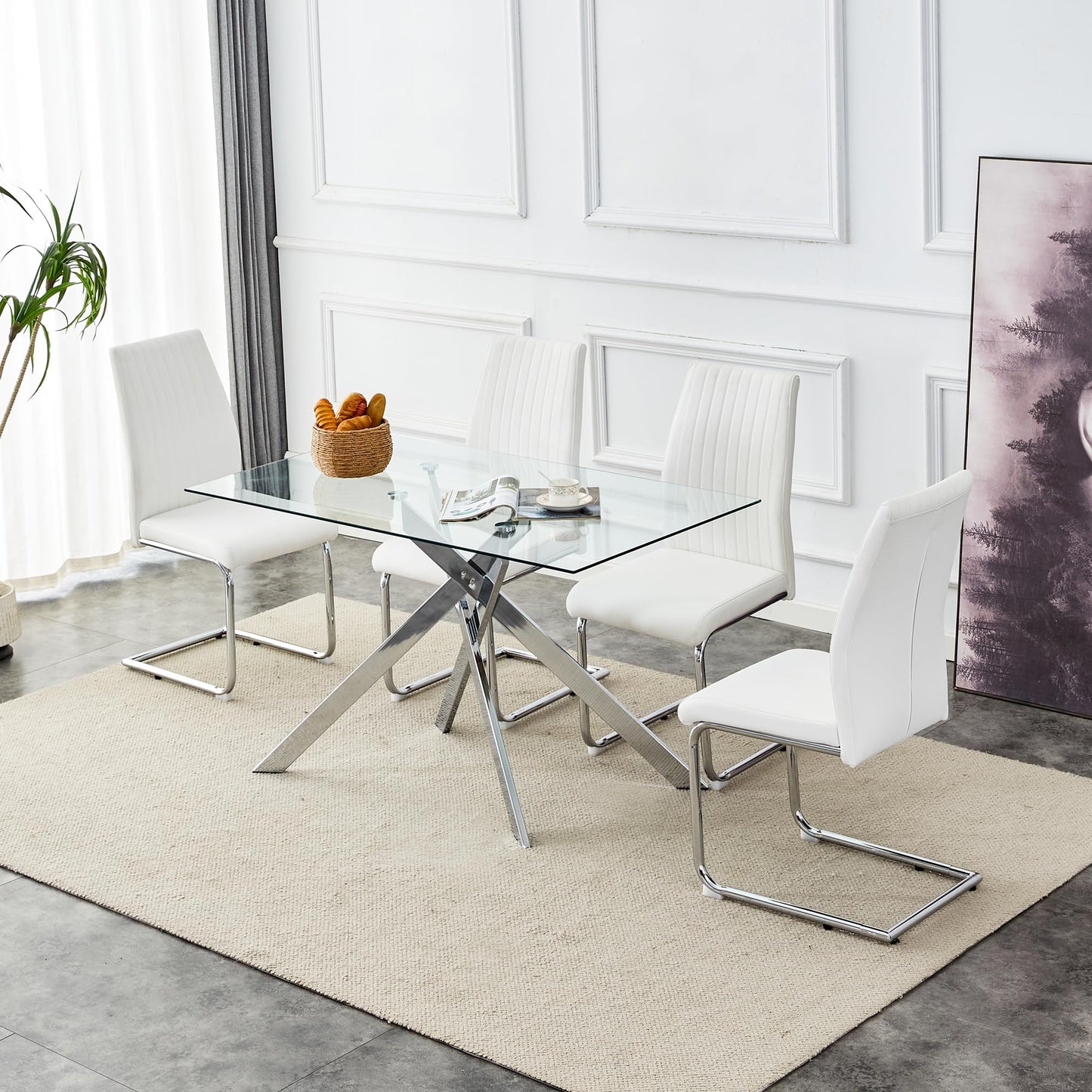 KUVADAZ 51" Rectangle Dining Table for 4 5 6 People, Modern Dining Table with Silver Chrome Metal X-Shaped Legs, Large Glass Kitchen Table Family Dinner Table for Home Office Living Room