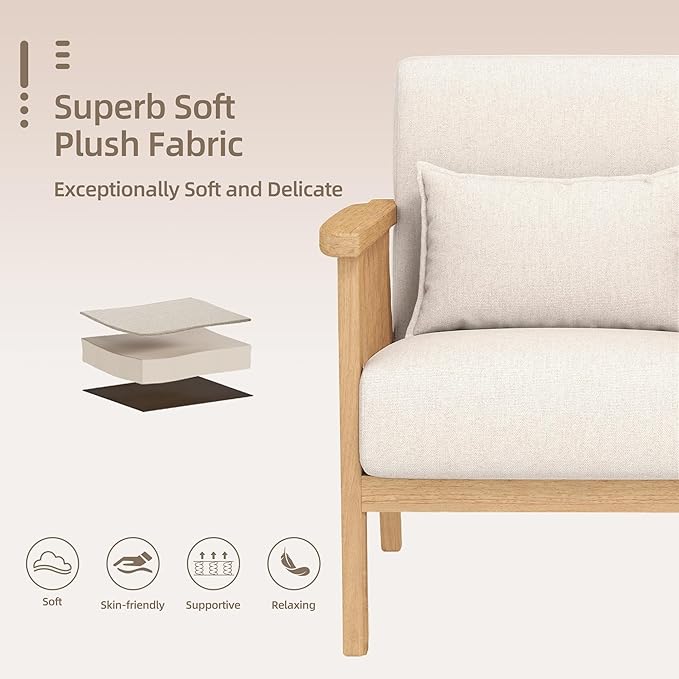 SEYNAR Mid-Century Accent Chair, Linen Fabric Armchair and Lounge Chair with Lumbar Pillow, Wide Seat & Solid Wood Frame for Living Room, Bedroom or Balcony(Beige)