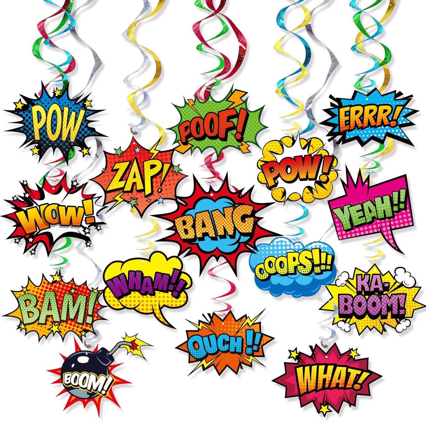 Superhero Hanging Swirls 30 Pack Hero Action Sign Foil Ceiling Hanging Swirls Streams Banner Decor Garland for Kids Superhero Baby Shower Celebrating Events Birthday Party Supplies Room Wall Decor
