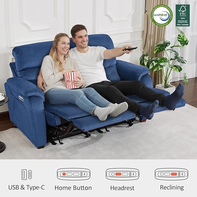 MCombo 61.6'' Wall Hugger Power Loveseat Recliner, Reclining Loveseat with Adjustable Headrest, USB Charge Ports, Wood Legs for Living Room, RVs, Small Spaces, Fabric ST258M1 (Loveseat, Navy Blue)
