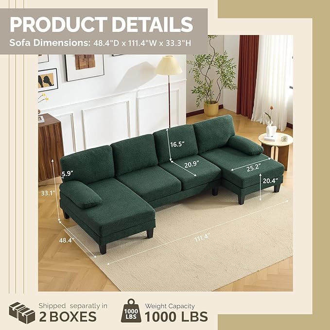 VINGLI 110' U-Shaped Sectional Couch with Two Chaise, Affordable Small Sofa with 4 Seats, Chenille Fabric Comfy Couches for Living Room, Dark Green
