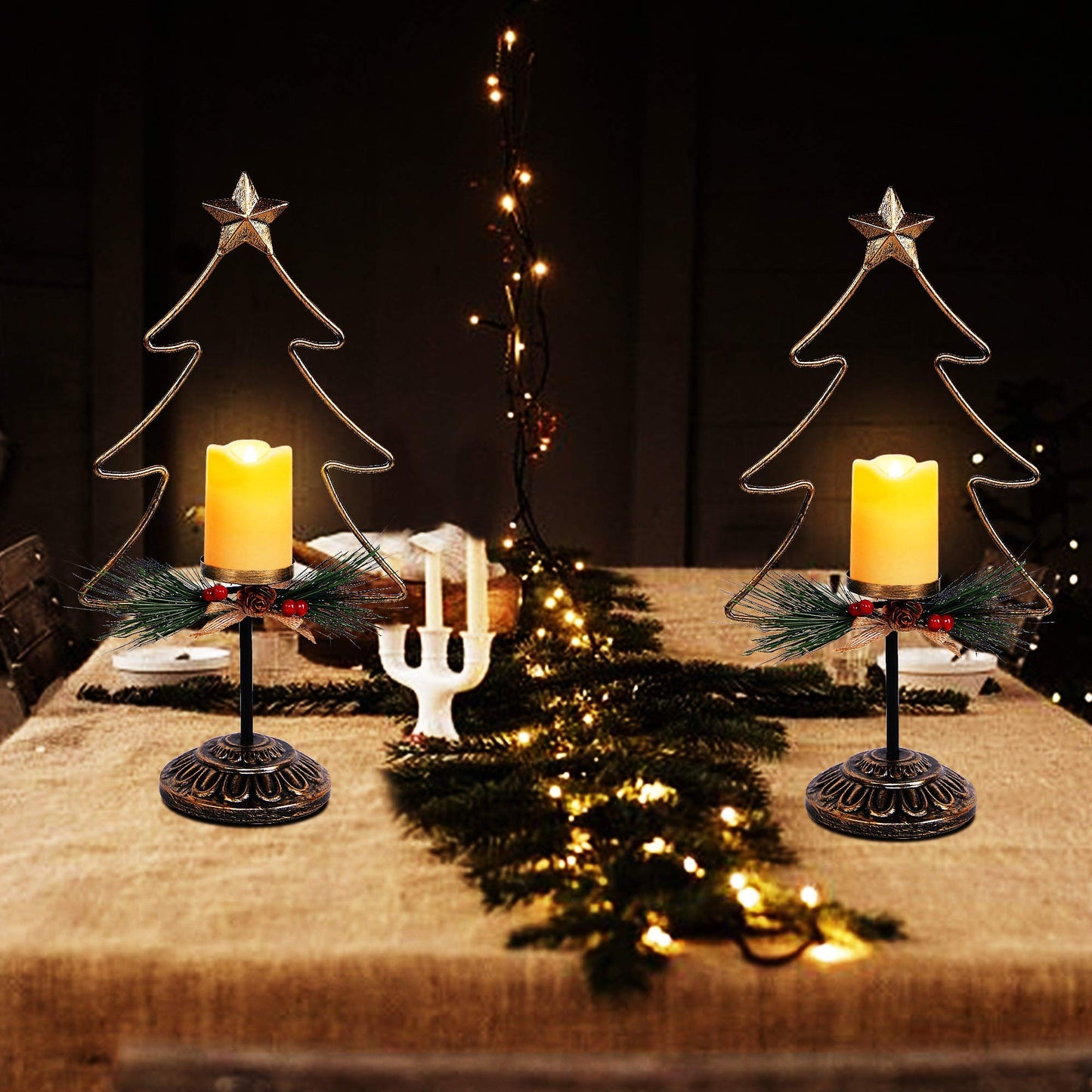 Lulu Home Lighted Christmas Table Decorations, 2 Pack 15.7 Inch Christmas Tree with Battery Operated Candle Lights, Light Up Christmas Tabletop Decorations, Xmas Holiday Winter Tabletop Desk Ornament