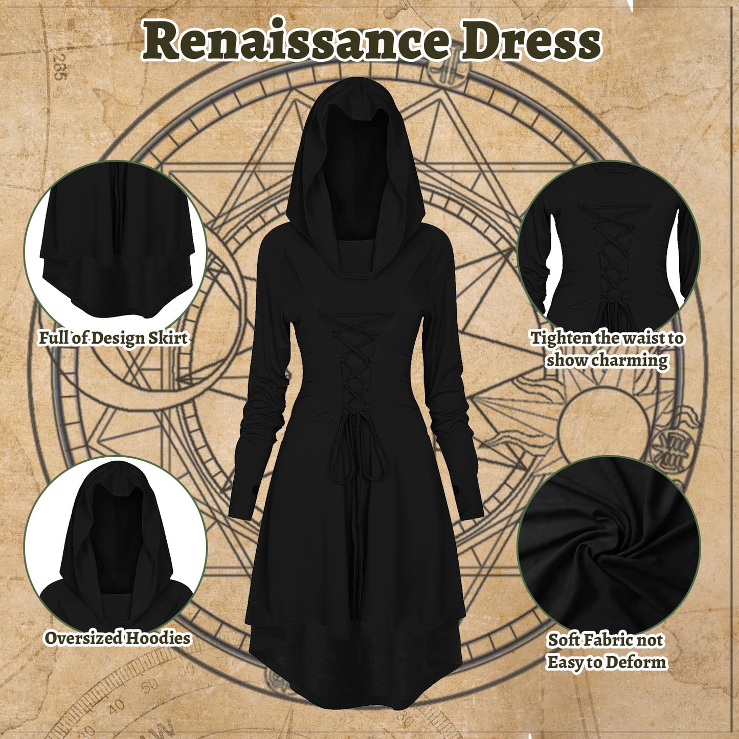 FSUJWOA 5 Pcs Renaissance Women Costume Medieval Hooded skirt Vintage Arm Guard Printed Belt and Waist bag (Black, Large)