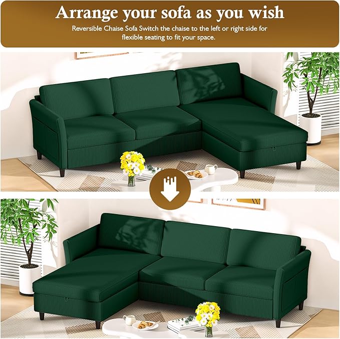 Valthie Convertible Sectional Sofa,Corduroy L-Shaped Couch with Reversible Storage Chaise,3-Seater Sofa with Side Pocket for Living Room,Bedroom and Office, 106.7",Green
