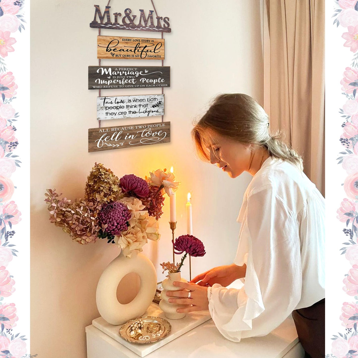 Mr & Mrs Rustic Wall Collage Sign with 5pcs Panels Strung Together - Marriage Wedding Engaged Anniversary Shower Farmhouse Distressed Wall Decor - Sweet Warming Gifts for Wife Husband Couples