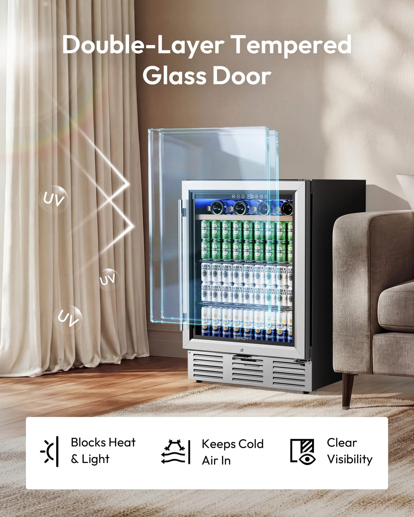 EUHOMY 24 Inch Wine and Beverage Refrigerator, 112 Cans & 8 Bottles Built-in or Freestanding Beverage Refrigerator Double-Layer Glass Door, Under Counter Wine Fridge for Kitchen, Bar, Office