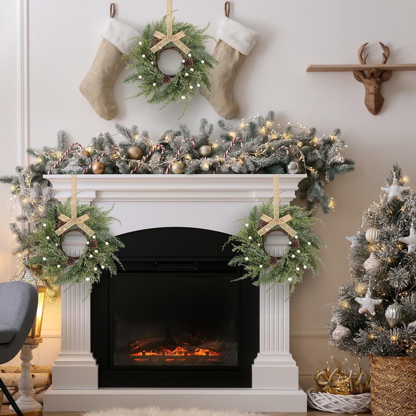 6 PCS Christmas Wreath Candle Rings Mini Wreath Pine Garland Artificial Frosted Cedar and Pine Cone Candle Rings Holder for Christmas Wedding Home Table Centerpiece Door Window Chair Wall