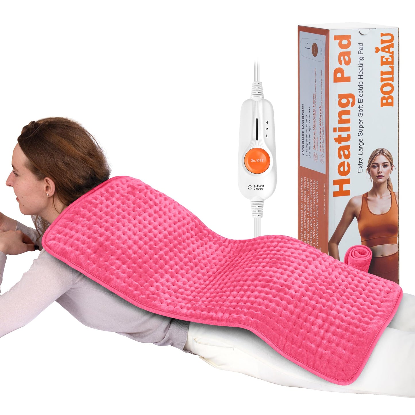 Boileau Electric Heating Pad for Back Pain and Period Cramps Relief, 17"x33" Extra Large XXXL, 3 Heating Levels Heat Pad with 2-Hour Auto Shut Off, Gifts for Women and Mom, Pink