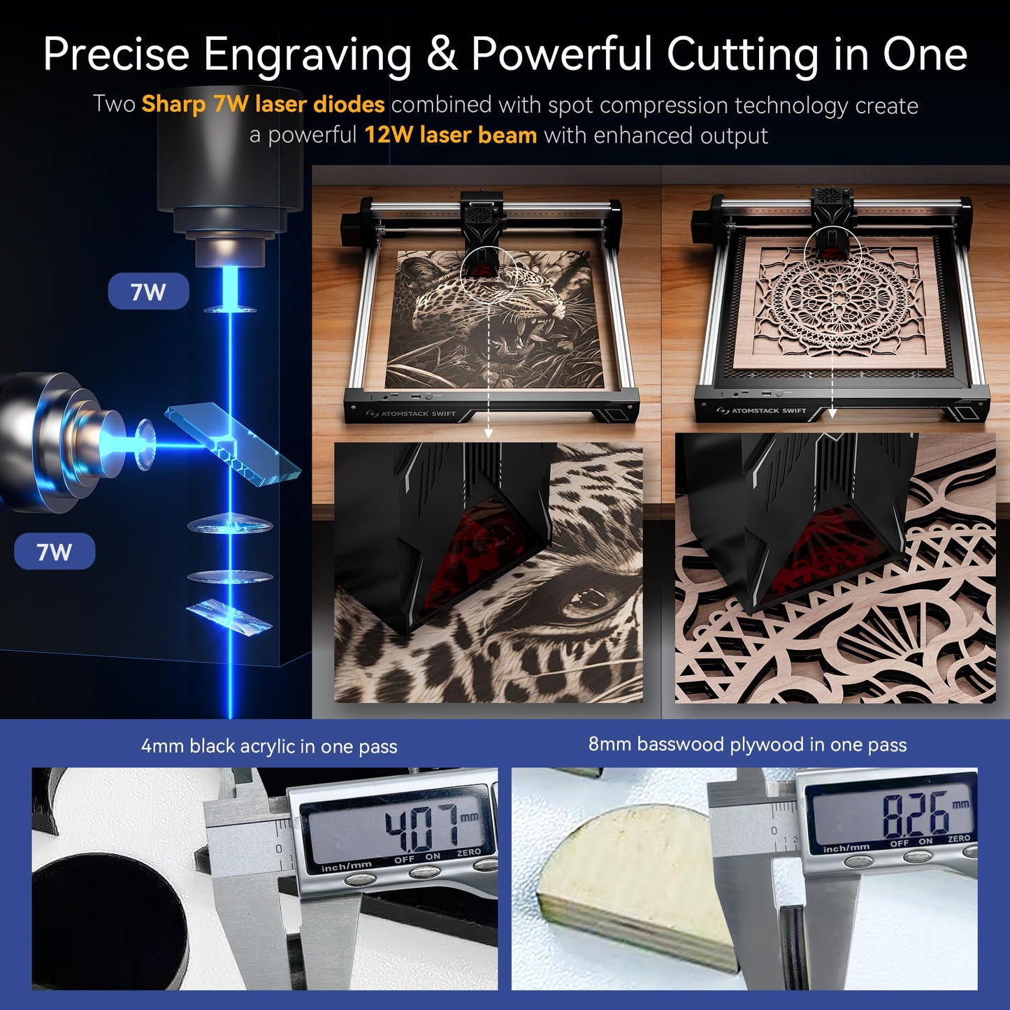 ATOMSTACK Swift 12W Laser Engraver, Swift 12W Laser Cutter, 0.06mm High Accuracy Laser Engraving Machine for Wood and Metal, Dark Acrylic, Glass, Leather