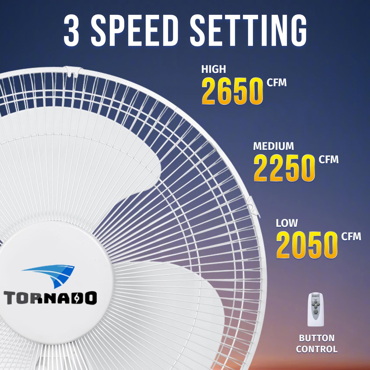 Tornado 16 Inch 3 Speed Oscillating Wall Mount Fan For Home, Remote Control Included, Adjustable Tilt 2650 Cfm 6 Ft Cord Ul Safe