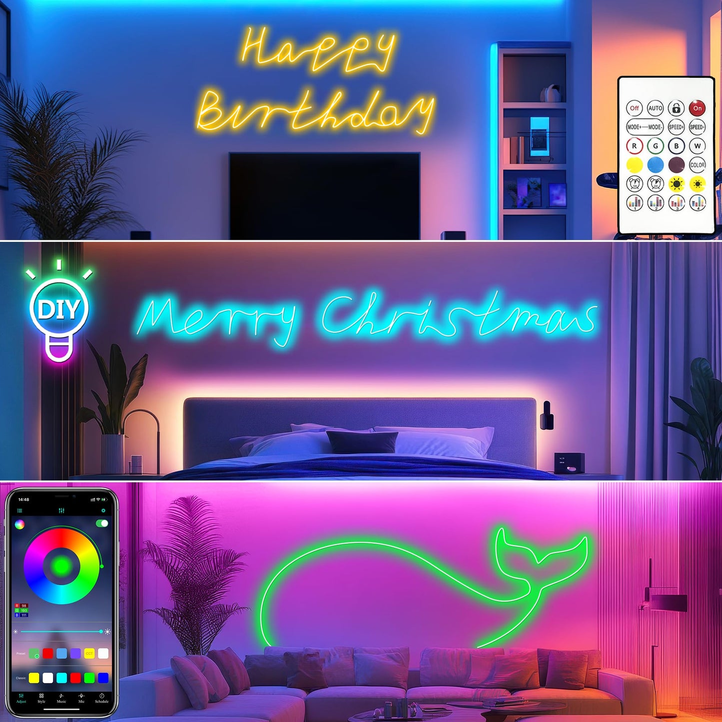 Cozylady 100Ft (50Ft * 2 Rolls) RGB LED Neon Rope Lights for Bedroom, 30m LED Strip Lamp with Double Sided Adhesive Tape, App/Remote Control DIY Lights Decorate The Outdoor and Indoor of Your Home