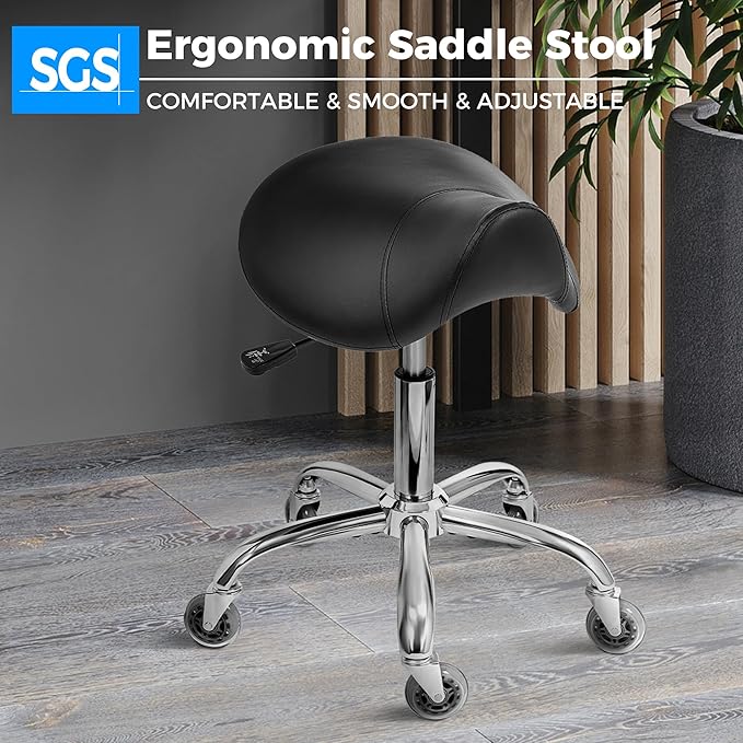 BEWISHOME Saddle Stool with Wheels, Swivel Adjustable Rolling Stool, 450lbs Heavy Duty PU Leather Wide Thick Seat Padding Ergonomic Chair for Beauty Salon Spa Clinic(Black) BMD01B
