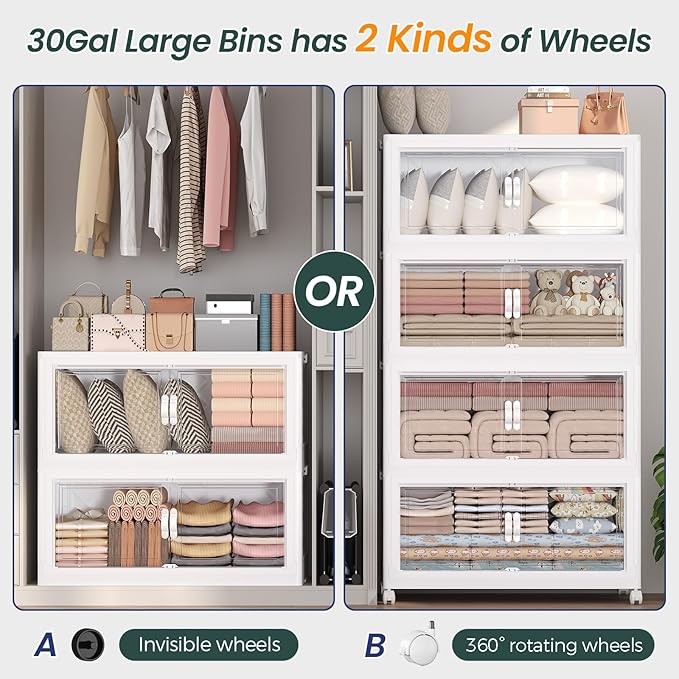 150Gal Stackable Storage Bins with Lid and Wheels, 600QT Plastic Collapsible Storage Boxes with Doors, Closet Organizer and Storage Cabinet for Home Kitchen Office Dorm Room, 5Pack White