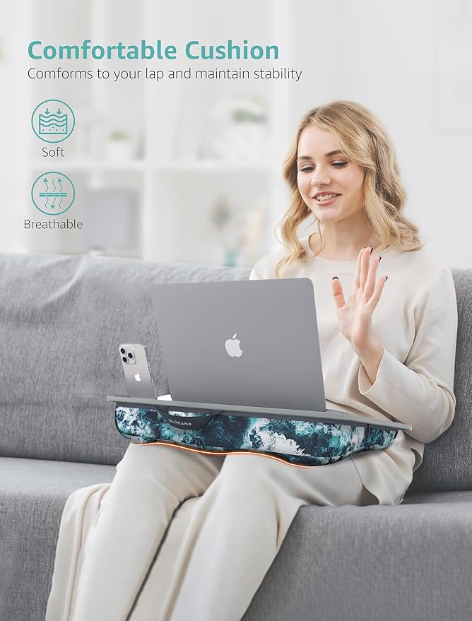 Millhome Lap Desk | Portable Laptop Desk – Fits Up to 15.6" Laptops –Detachable & Washable, Phone Holder, Device Ledge – for Writing, Working, Reading on Bed, Couch, Sofa, Floor – Blue Waves (Small)