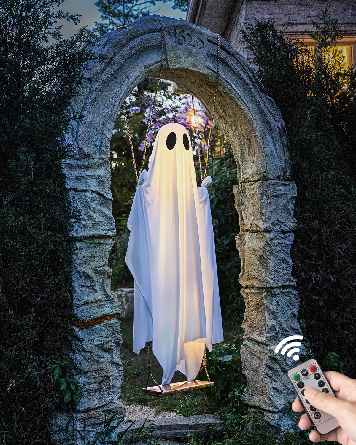 Halloween Decorations Outdoor - 5 FT Large Hanging Swing Ghost Halloween Decor with String Lights - Spooky Cute Ghosts Decorations for Front Porch Yard Tree