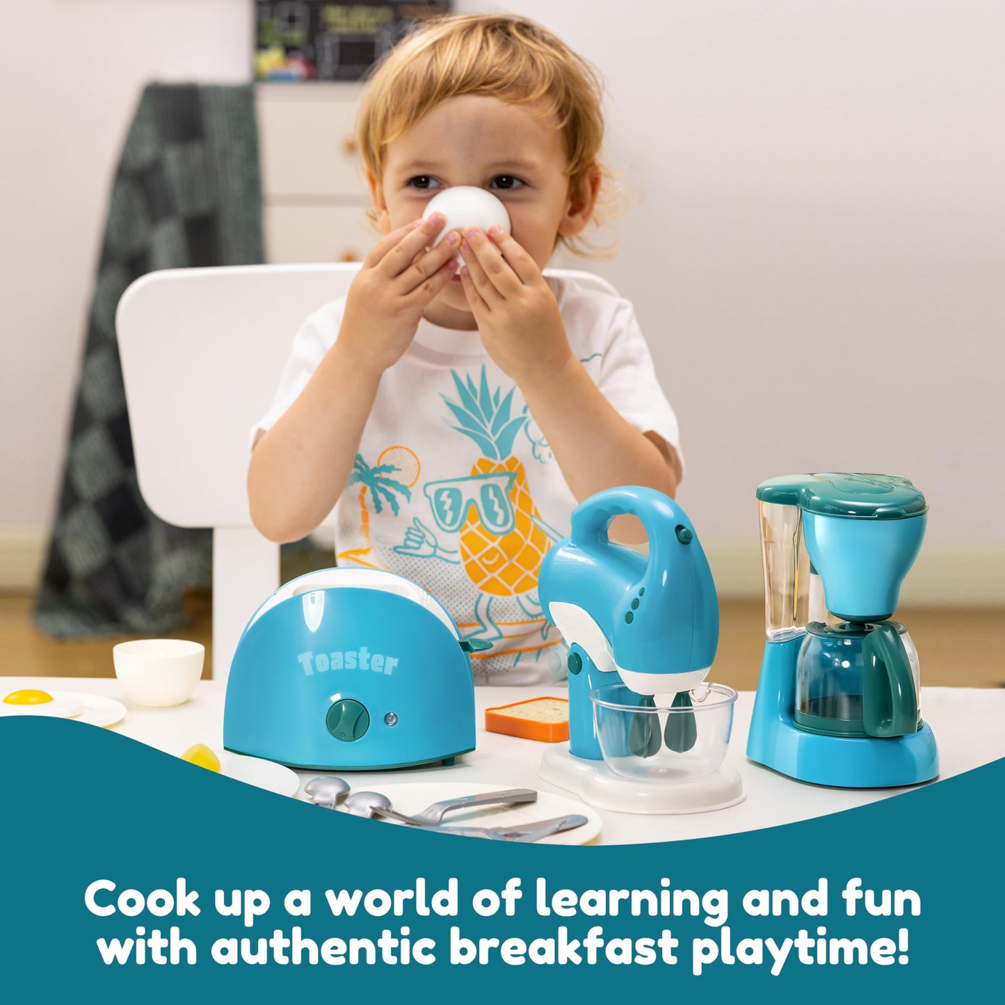 Joyin Play Kitchen Toys, Pretend and Play Food Kitchen Accessories GirlsToy with Coffee Maker, Mixer, Toaster with Realistic Lights& Sounds, Birthday Gift for Kids Ages 2 3 4 5, Blue
