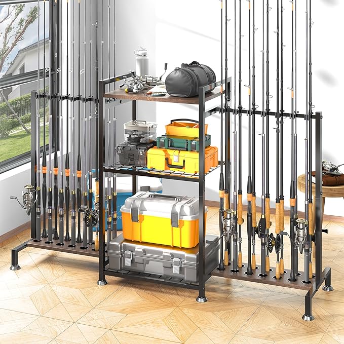SOYEEZE Fishing Rod Holder for 28 Rods, Ground Stand Fishing Pole Holders for Garage, 3-Sided Vertical Fish Rod Rack for T...
