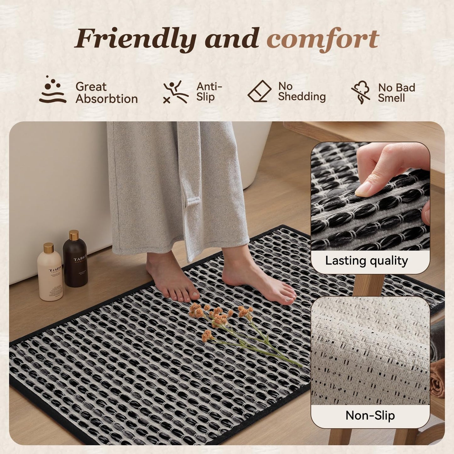 AMOAMI Unique Woven Bath Mat, Super Absorbent Non Slip Bath Mats for Bathroom Floor Textured Bathroom Mat Quick Dry Washable Bath Rug Boho Thin Rugs for Bathroom Beside Tub, 24" x 36", Black