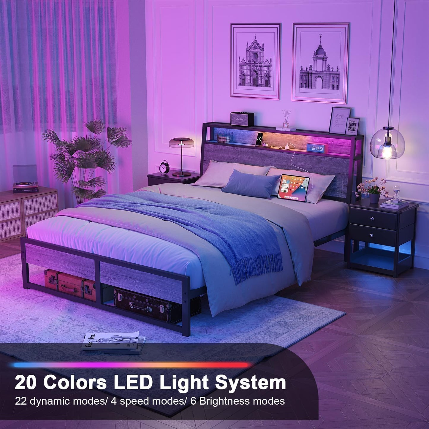 Twin Bed Frame with LED Lights and Charging Station, Twin Size Bed Frames with Ergonomic Storage Headboard, Heavy Duty Metal Slats Support, No Box Spring Needed, Noise-Free, Easy Assembly, Grey