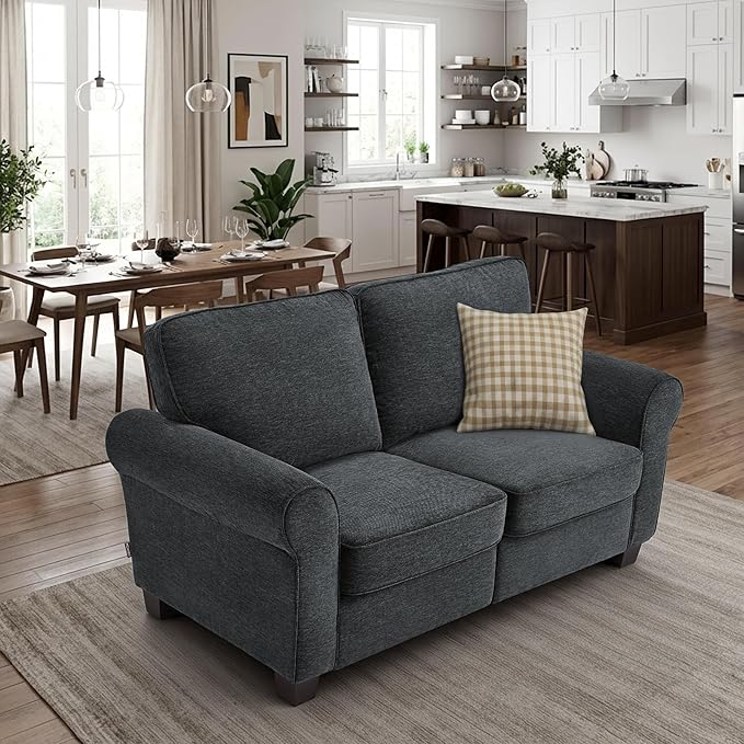 MCombo 67.7" Loveseat Sofa, 2-Seater Small Couch for Small Spaces, Classic Rolled Arm Upholstered Sofa with Solid Wood Legs for Living Room, Removable Cover, Chenille Fabric VE730 (Dark Grey)