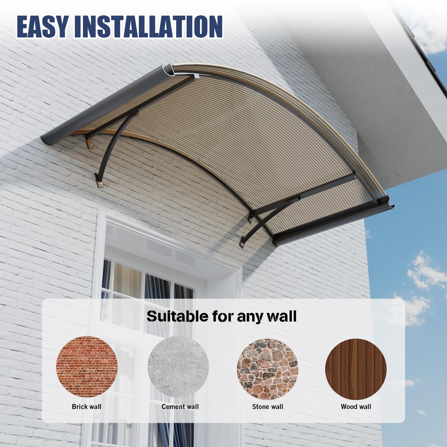 Awning for Door Entrance, 36x63 Inch Round Arch Door Awning Canopy with Aluminum Brackets & Polycarbonate Cover, UV, Rain & Snow Protection for Window, Porch, Patio, Deck