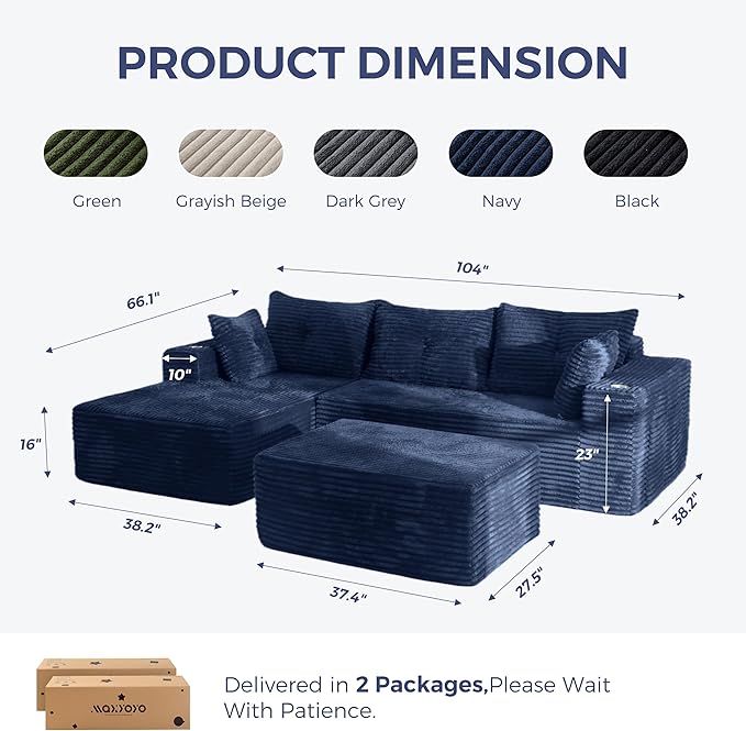 MAXYOYO 104" U-Shaped Modular Sectional Couch, Modern Boneless Couch for Living Room, Sofa in A Box, Oversized Sofa Sleeper with Deep Seat, No Assembly Required, Navy