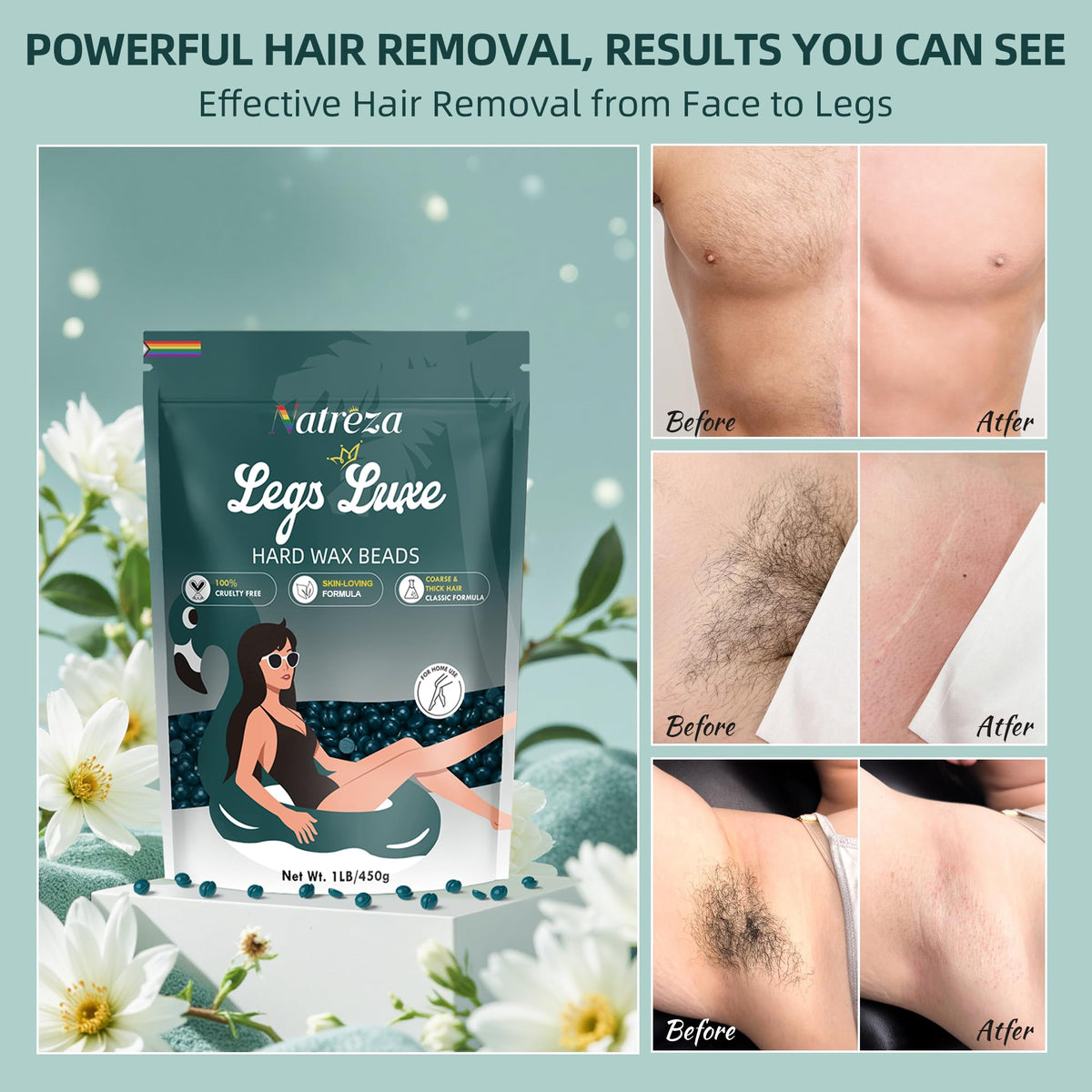 Natreza Wax Beads for Hair Removal, 1lb Hard Wax Beans for Full Body, Brazilian, Bikini, Legs, Arms, Face, Thick Hair Formula, W