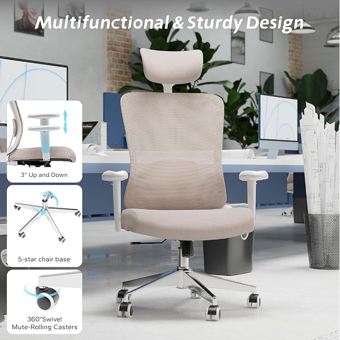 ZYFFHYLAI Ergonomic Office Chair, Mesh Desk Chair with Adjustable Headrest and 2D Armrest，Computer Chairs with Lumbar Support, Big and Tall Office Chair 400lbs, Large (01khaki)