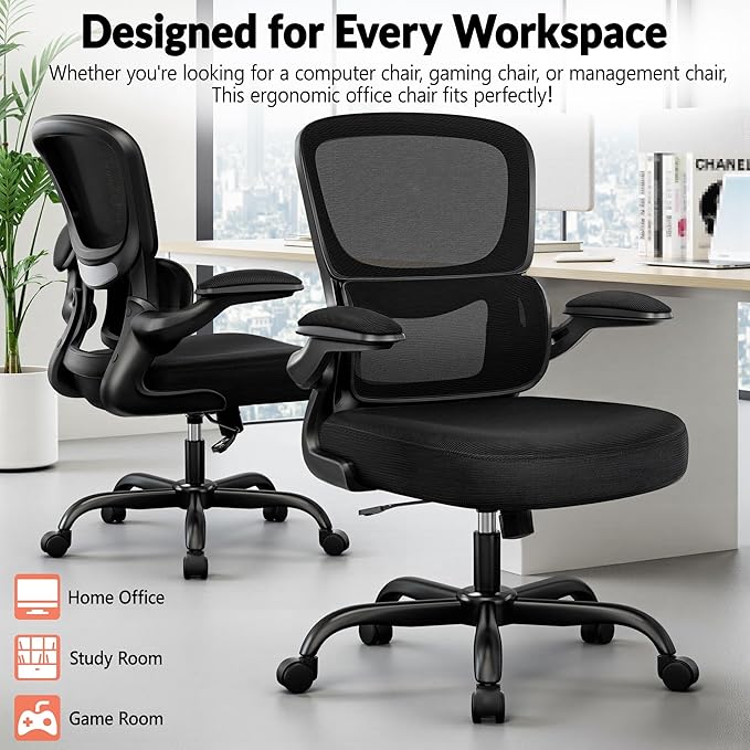 BESTFAIR Office Chair Ergonomic Desk Chair, Breathable Mesh Comfy Chair with Lumbar Support, Computer Chair, Home Desk Chair with Flip-up Armrests, Gaming Chair for Adults Home Office (Black,10Pack)