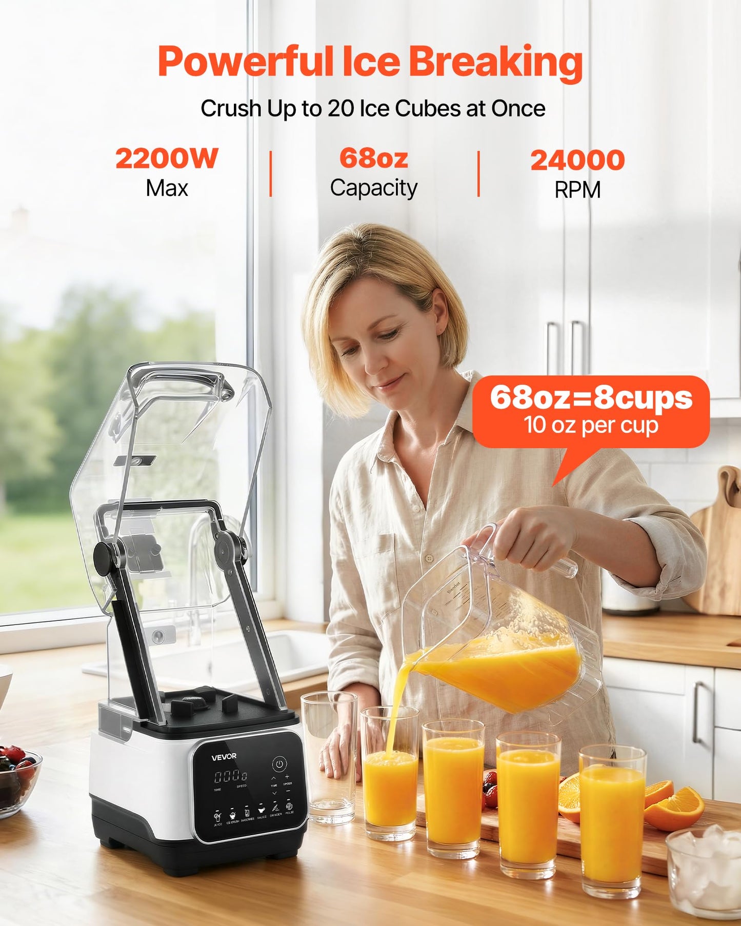 VEVOR Blender, 68 oz Professional Countertop Blenders with Shield, 2200W 26000RPM Kitchen Food Processor Combo, Self-Cleaning, Speed Adjustable, 6 Preset Menu for Smoothies, Ice Crushing, Puree, White