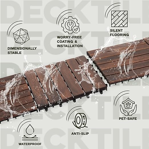 VICTORY RELAX Acacia Wood Decking Tiles 27PCS - Easy Snap Interlocking Deck Tiles for Patio Poolside Balcony Decor - All Weather Waterproof Flooring for Indoor & Outdoor (Round Joints)