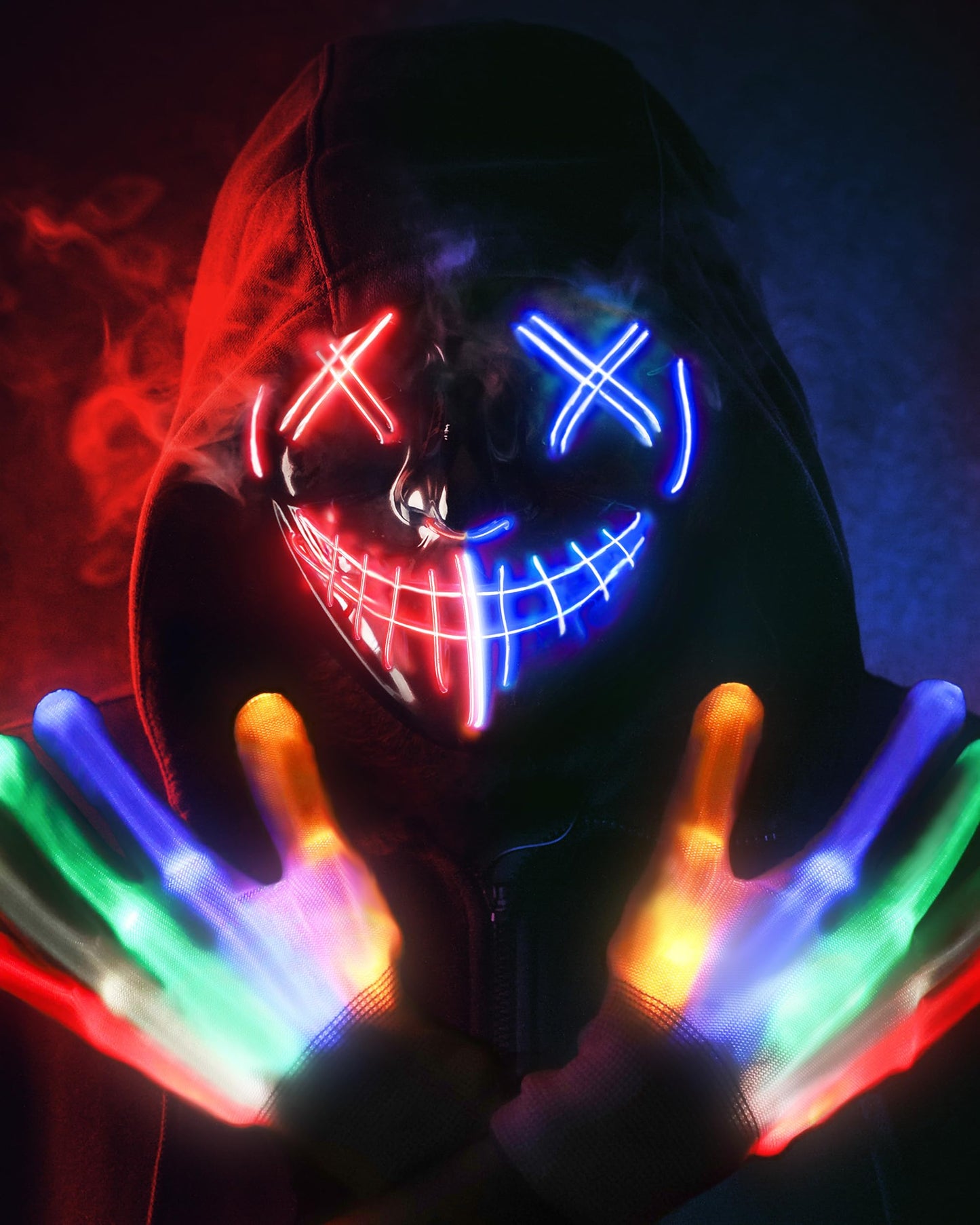STONCH Halloween Glow Mask Skeleton Gloves Set, 3 Modes Light Up Scary LED Mask with LED Glow Gloves, Halloween Costumes glow purge Masks