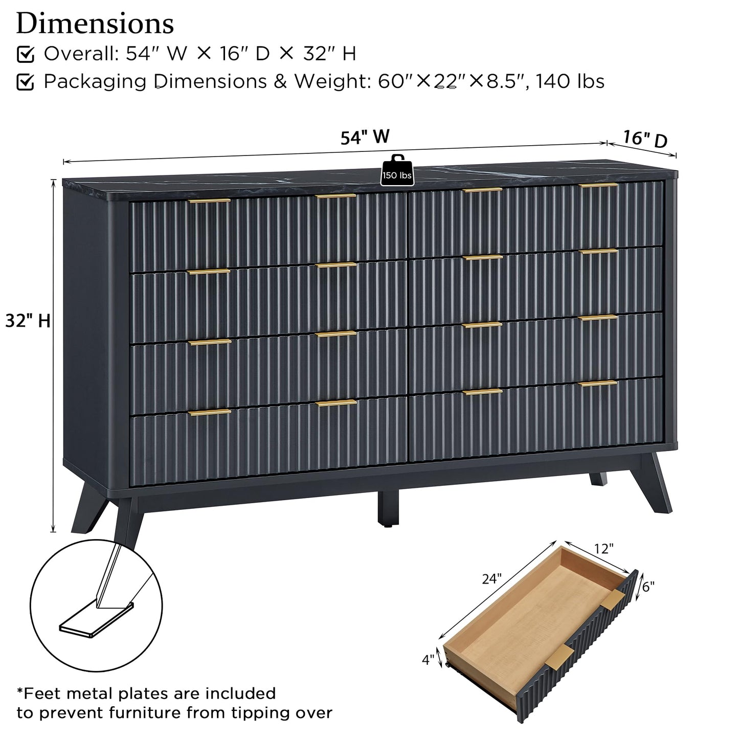 T4TREAM Fluted 8 Drawers Dresser, 54" Wide Modern Chest of Drawers with Faux Marble Top, Curved Profile Design, Dresser TV Stand, Wood Drawer Organizer for Bedroom, Living Room, Hallway, Dark Grey