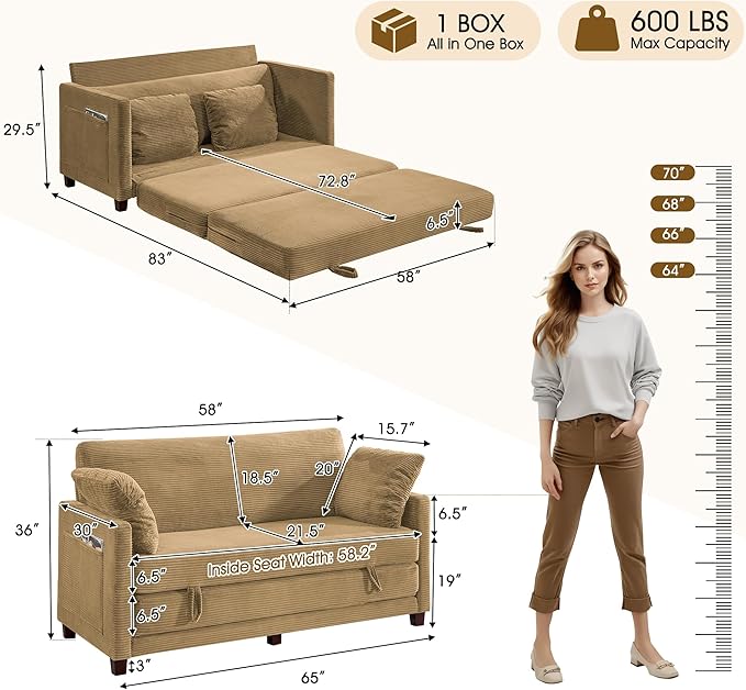 kakuboohi 65" Loveseat Sleeper Sofa Bed, Corduroy Convertible Sofa Bed for Small Spaces, Folding Couch Bed with Deep Seat, 2 Pillows & Solid Frame, Pull Out Floor Couches for Living Room, Brown