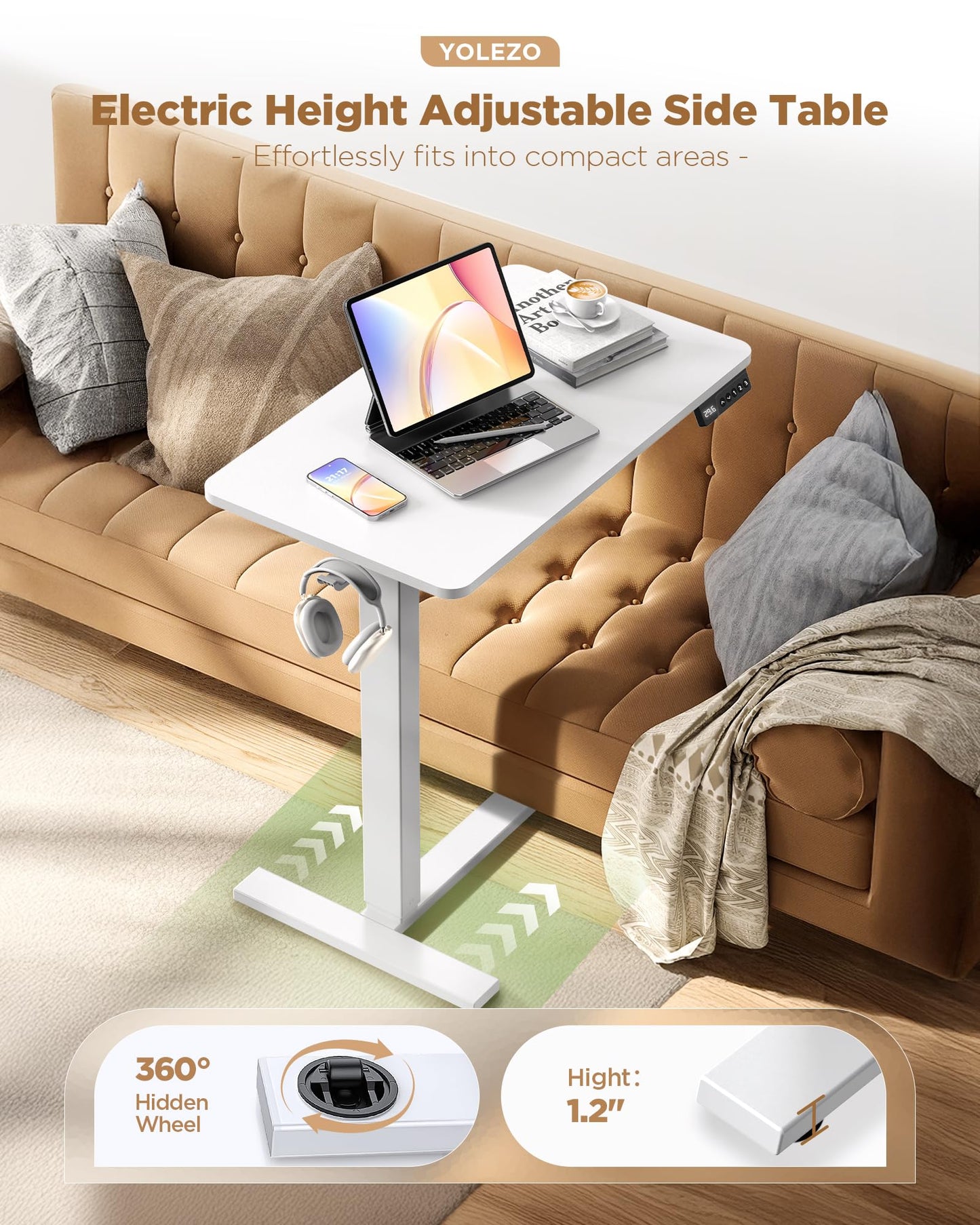 YOLEZO Overbed Bedside Table with Wheels, Electric Standing Desk Adjustable Height, Small Computer Desk for Home Office, Rolling Laptop Desk for Bed, Sofa, or Hospital Use (24"x16",White)