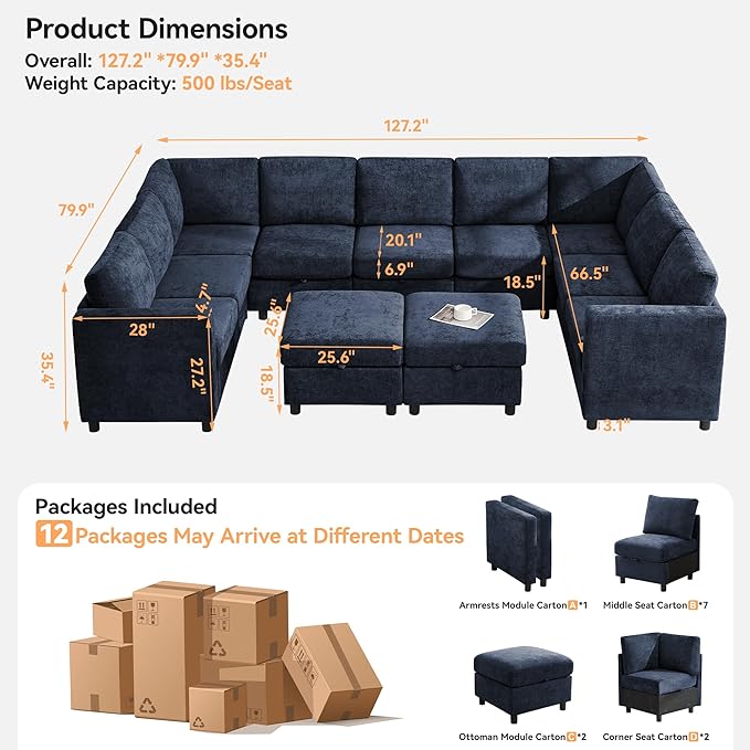 127'' Oversized U Shaped Modular Sofa, Sectional Couches with Storage for Living Room, Modern 9 Seater Cloud Sectional Couch with Movable Ottoman, Chenille Navy