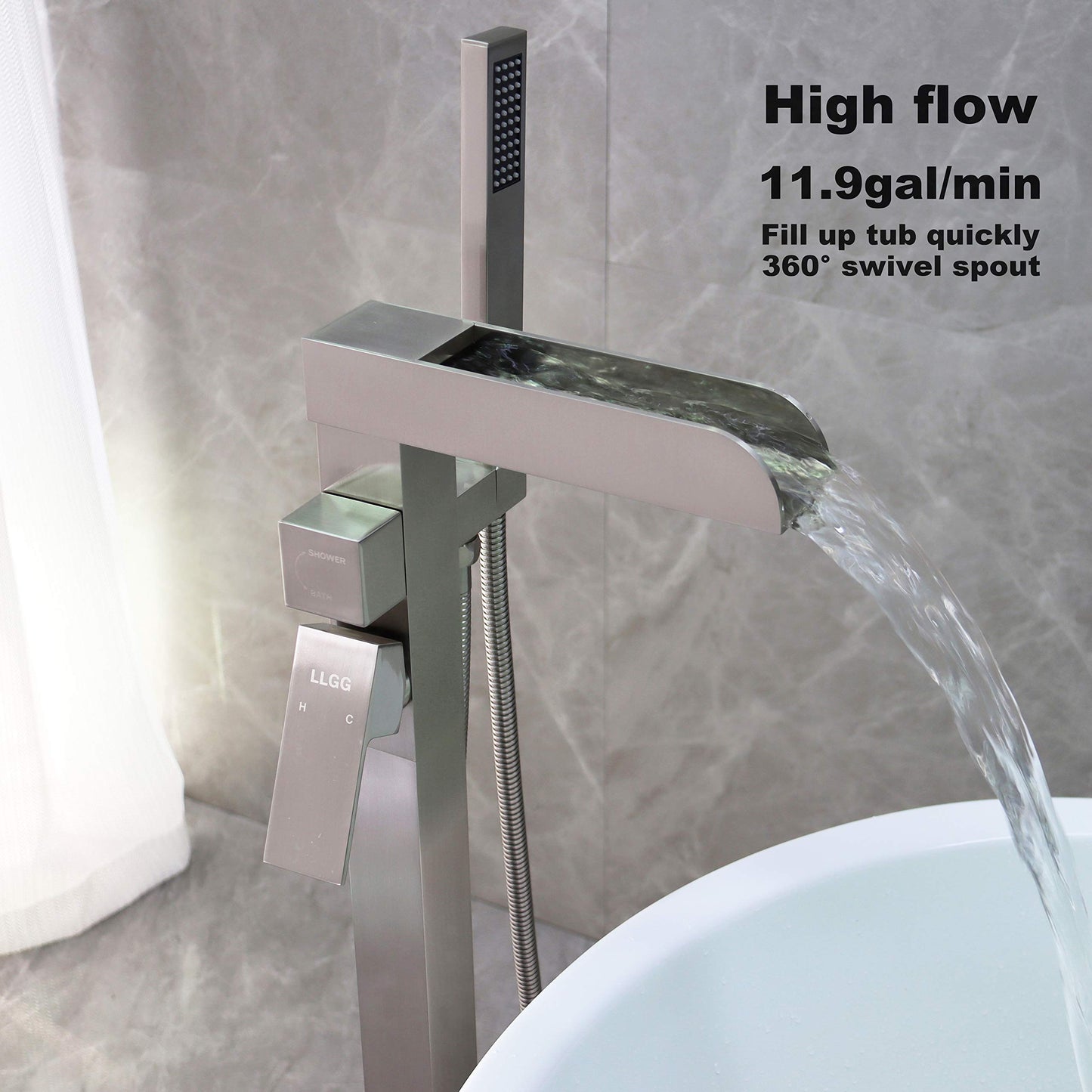 High Flow Freestanding Bathtub Faucet Waterfall Tub Filler Brushed Nickel LLGG 11.9GAL Floor Mount Bathroom Faucets Fillers with Handheld Shower Sprayer RIGOBAL
