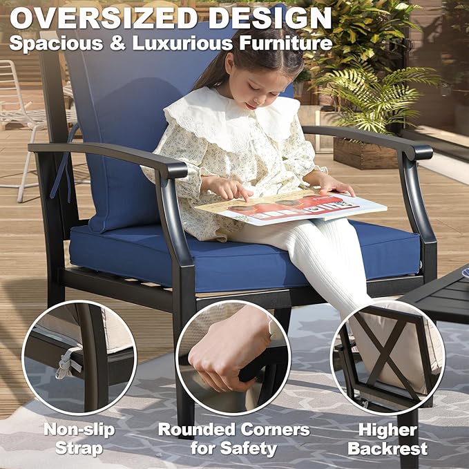 SunloungeCo 4-Piece Patio Furniture Set, Wider Outdoor Metal Seating Sofa with High Back & Loveseat, Coffee Table, All Weather Metal Conversation Set for Backyard, Poolside, Deck-Navy
